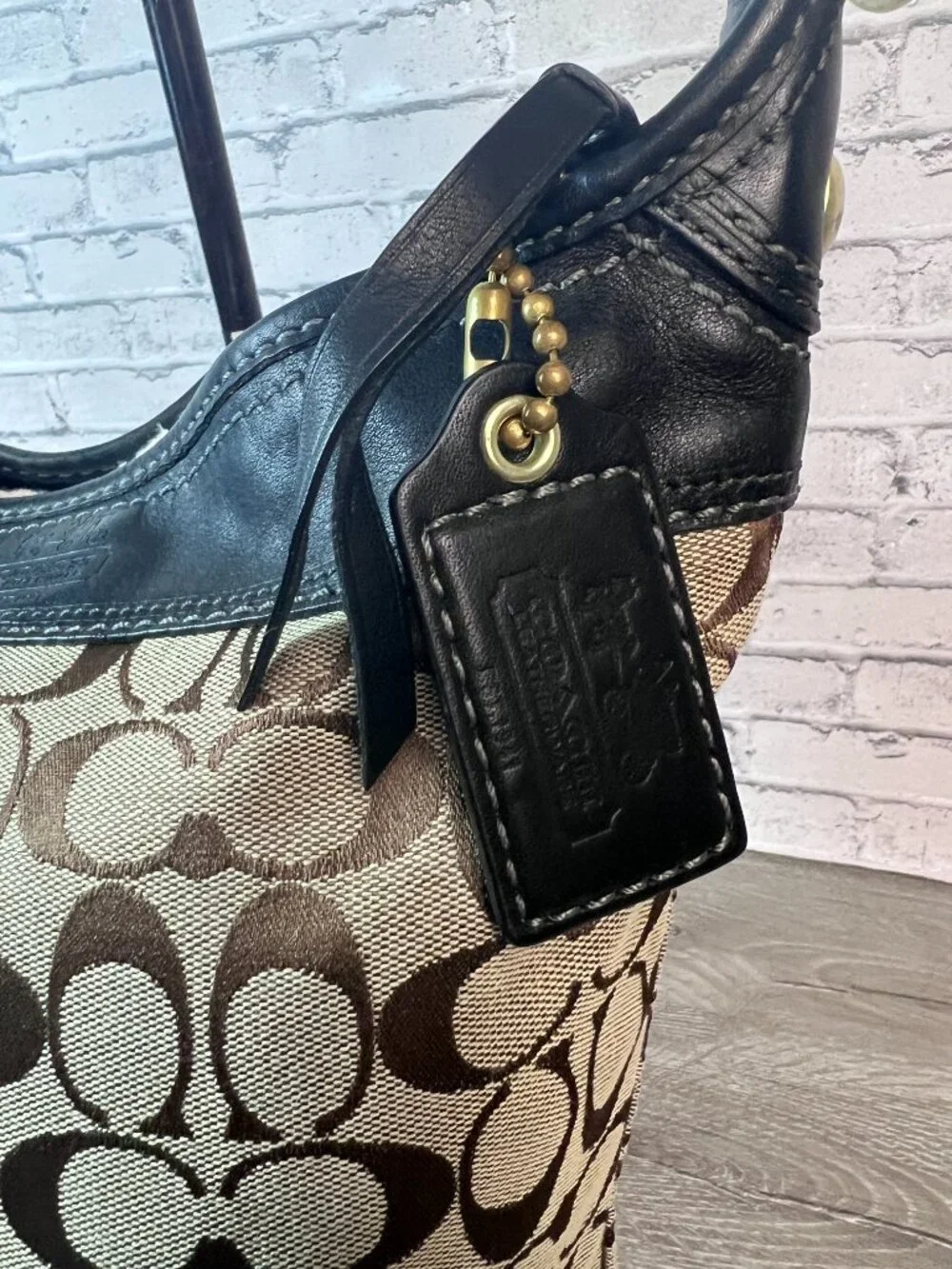 Coach 11437 Bleecker Brown Canvas Black Leather Bucket Crossbody